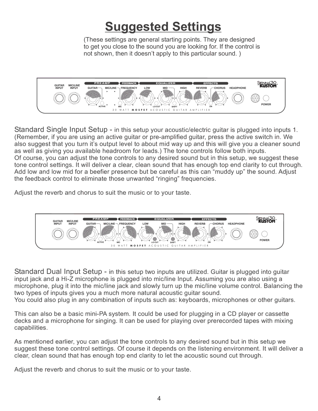 Kustom Sienna30 owner manual Suggested Settings 