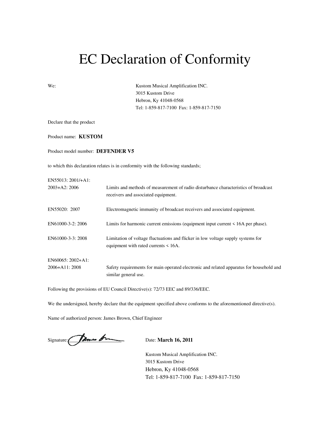 Kustom V5 owner manual EC Declaration of Conformity 