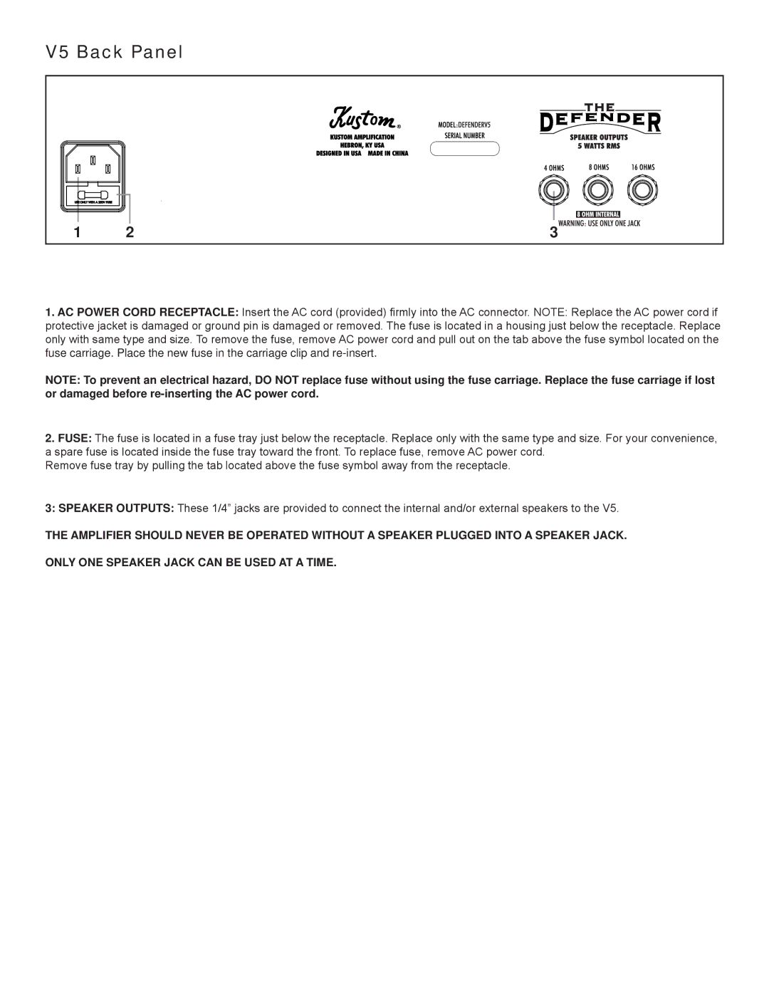 Kustom owner manual V5 Back Panel 