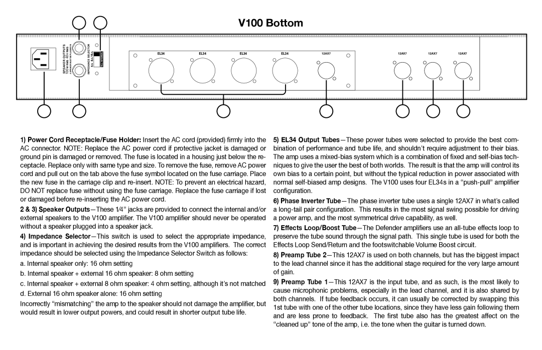 Kustom V50 owner manual V100 Bottom, External 16 ohm speaker alone 16 ohm setting 