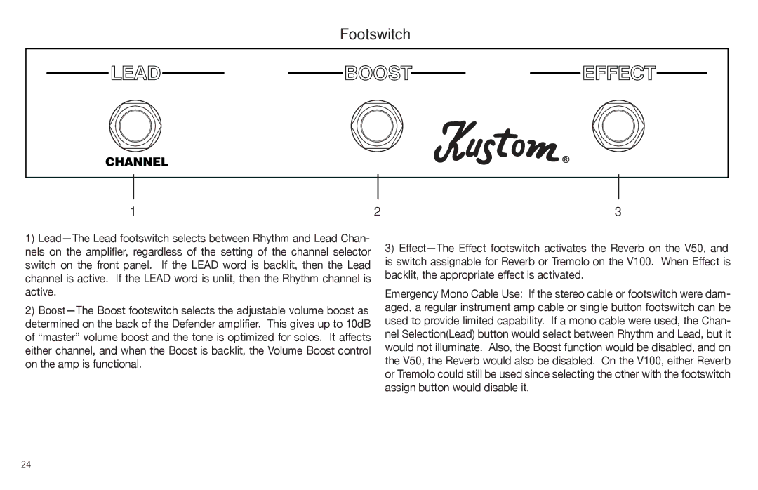 Kustom V50, V100 owner manual Footswitch 