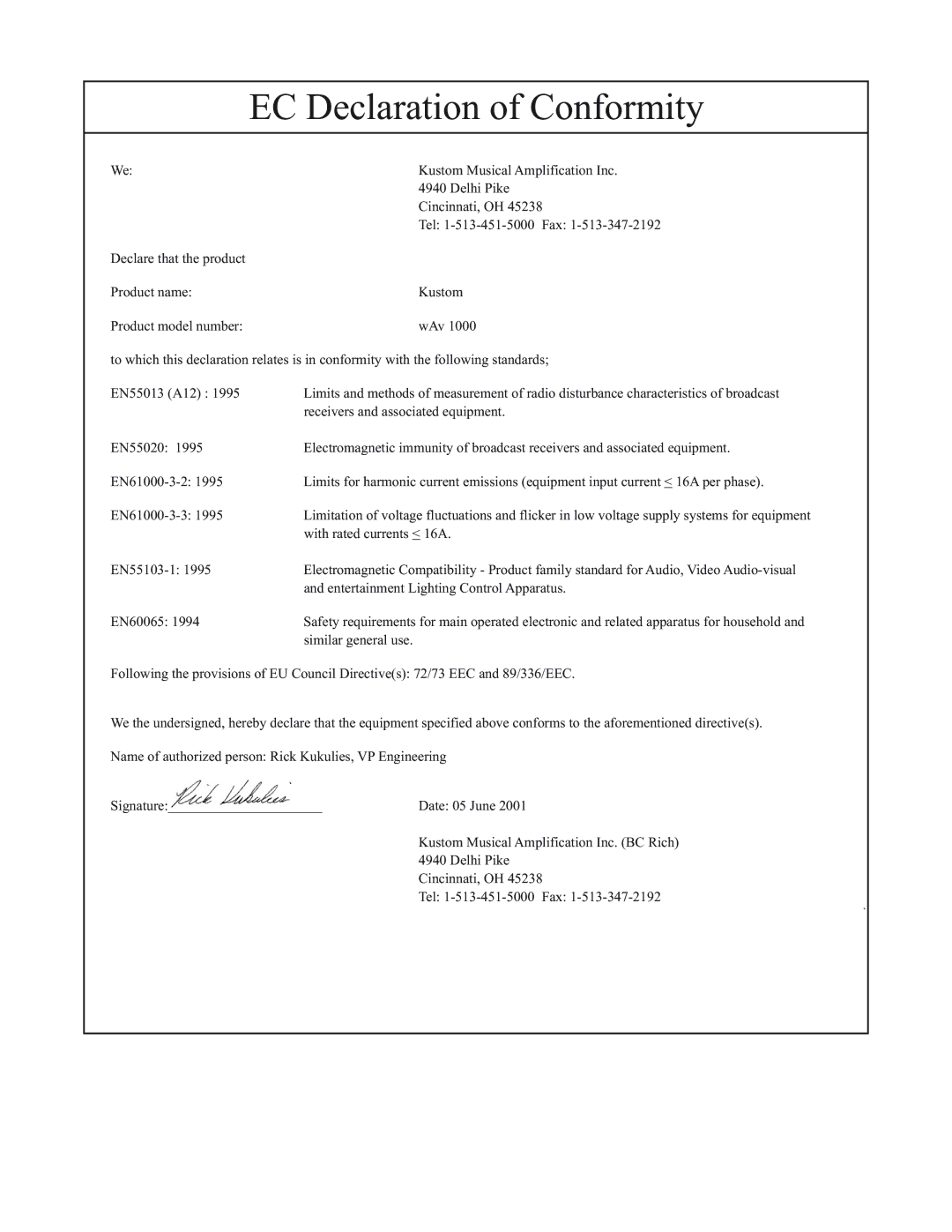 Kustom Wav 1000 owner manual EC Declaration of Conformity 