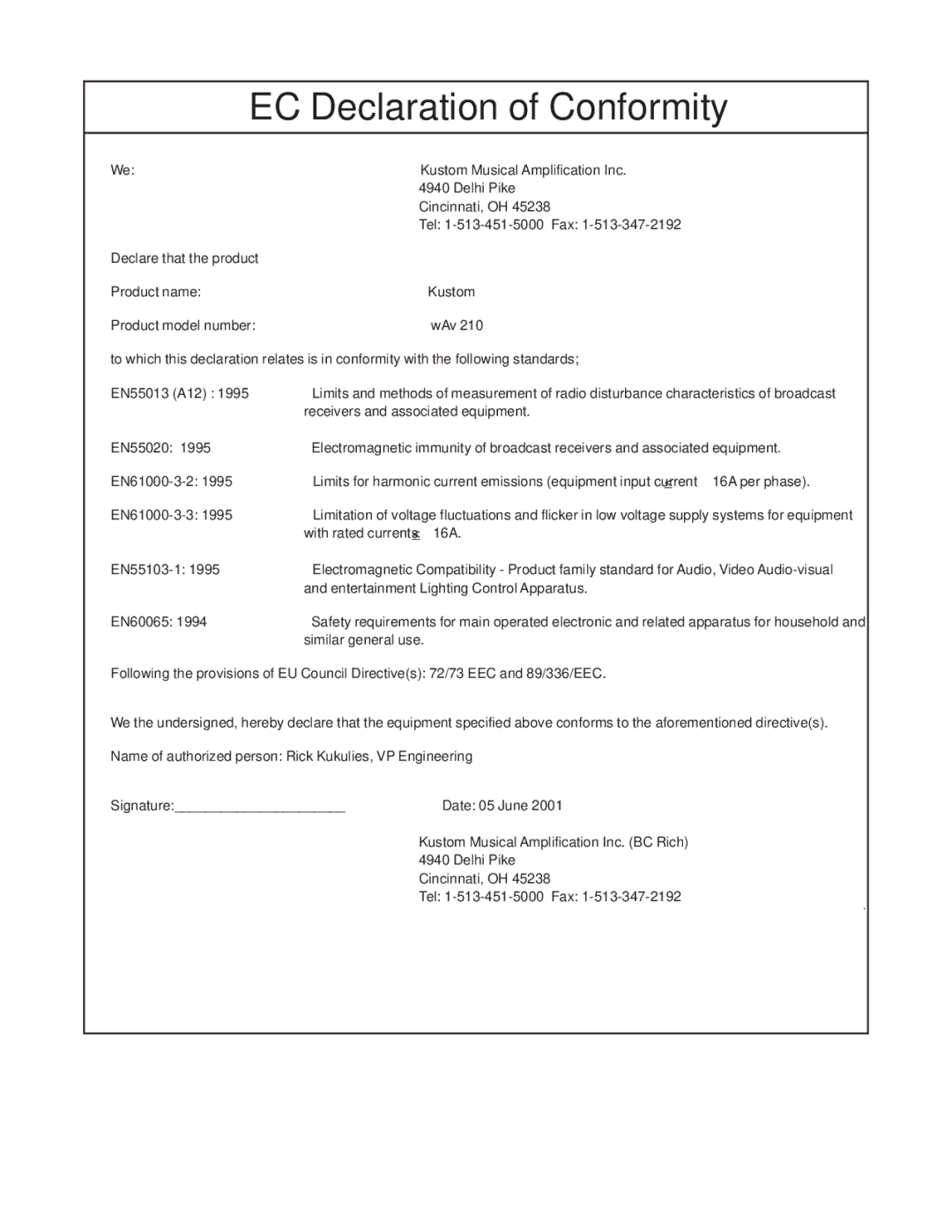 Kustom WAV 210 owner manual EC Declaration of Conformity 