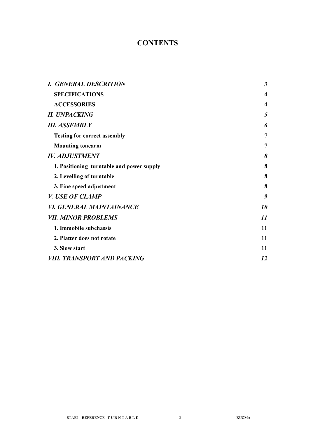 Kuzma Turntables Kuzma Stabi Reference Turntable instruction manual Contents 