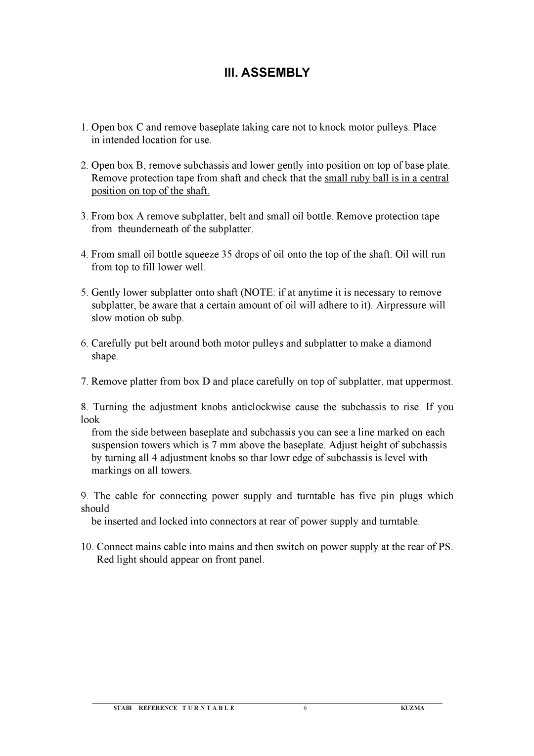 Kuzma Turntables Kuzma Stabi Reference Turntable instruction manual III. Assembly 