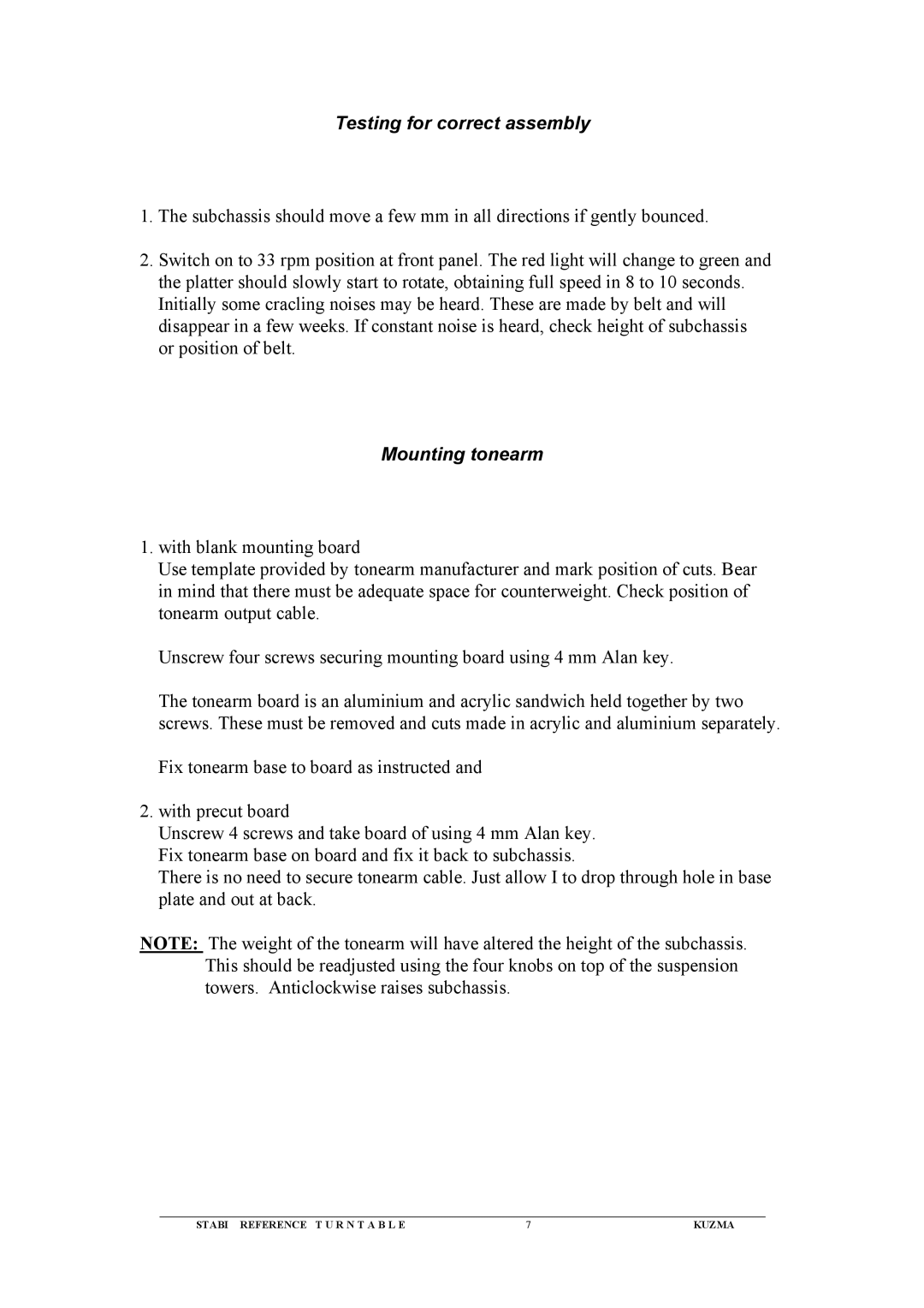 Kuzma Turntables Kuzma Stabi Reference Turntable instruction manual Testing for correct assembly, Mounting tonearm 