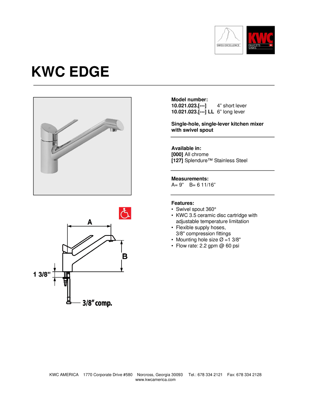 KWC 10.021.023 manual KWC Edge, Measurements, Features 