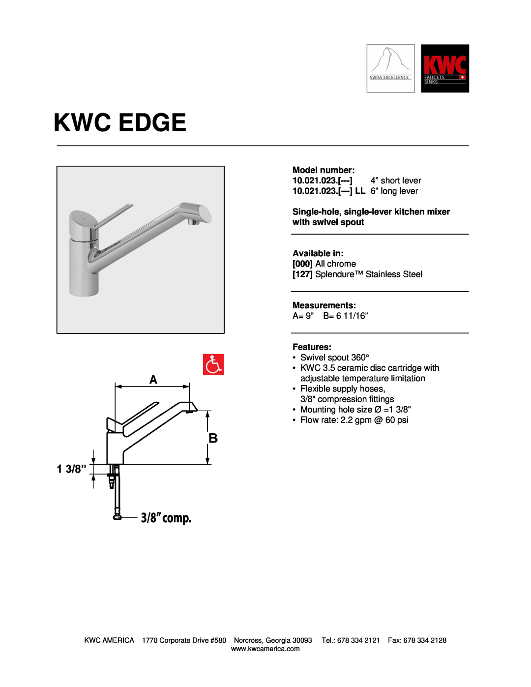 KWC 10.021.023 manual Kwc Edge, Model number, Available in, Measurements, Features 