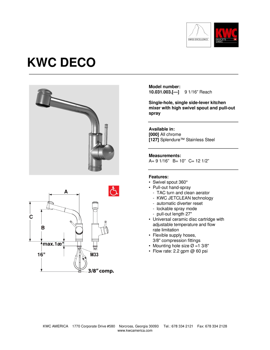 KWC 10.031.003 manual KWC Deco, Measurements, Features 