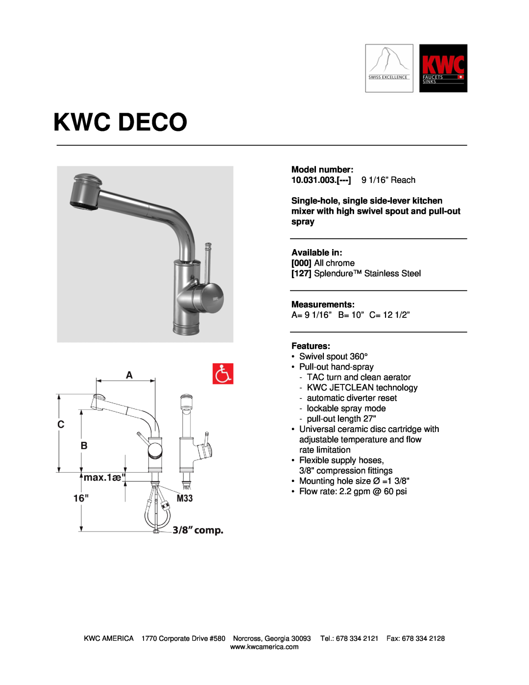 KWC manual Kwc Deco, Model number 10.031.003.--- 9 1/16” Reach, Available in, Measurements, Features 