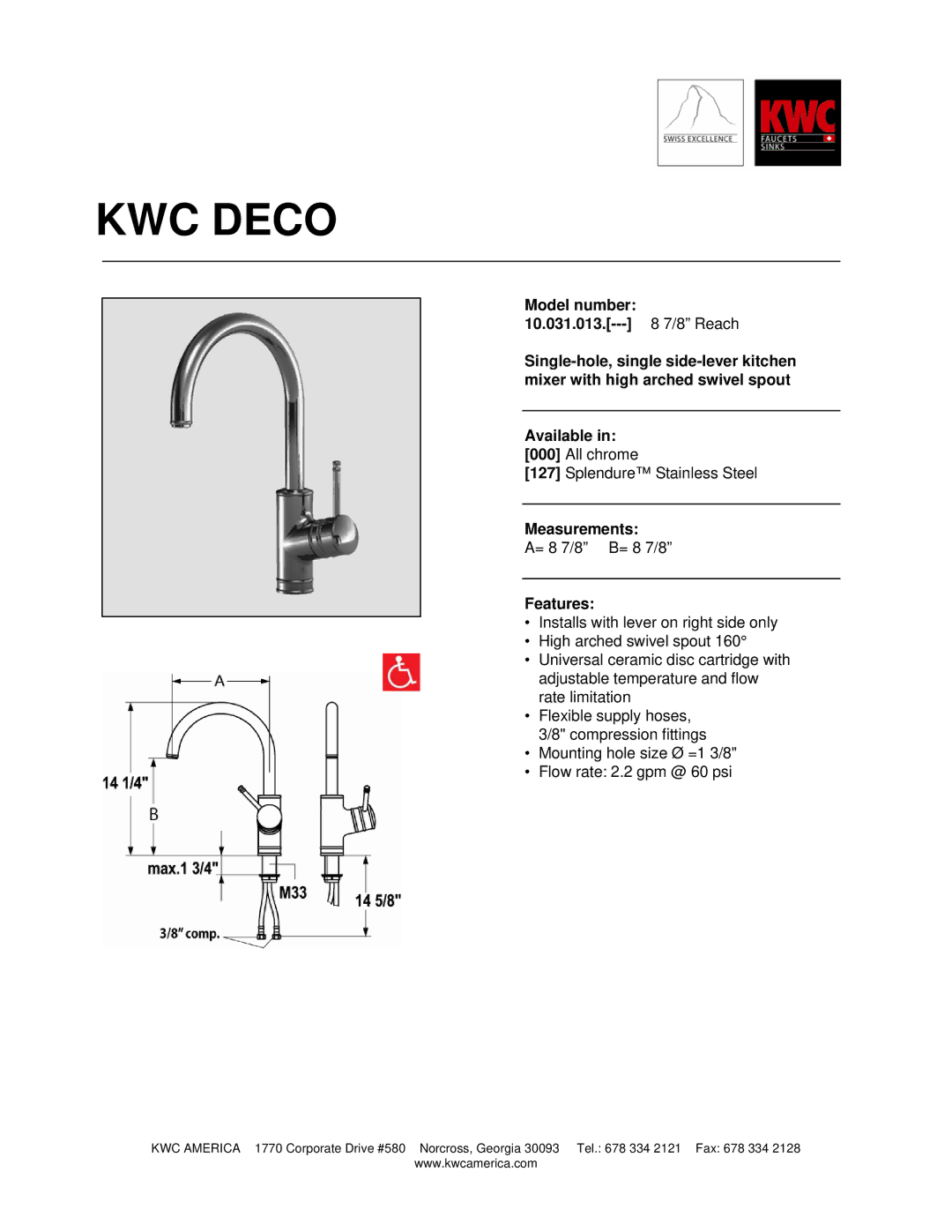 KWC 10.031.013 manual KWC Deco, Measurements, Features 