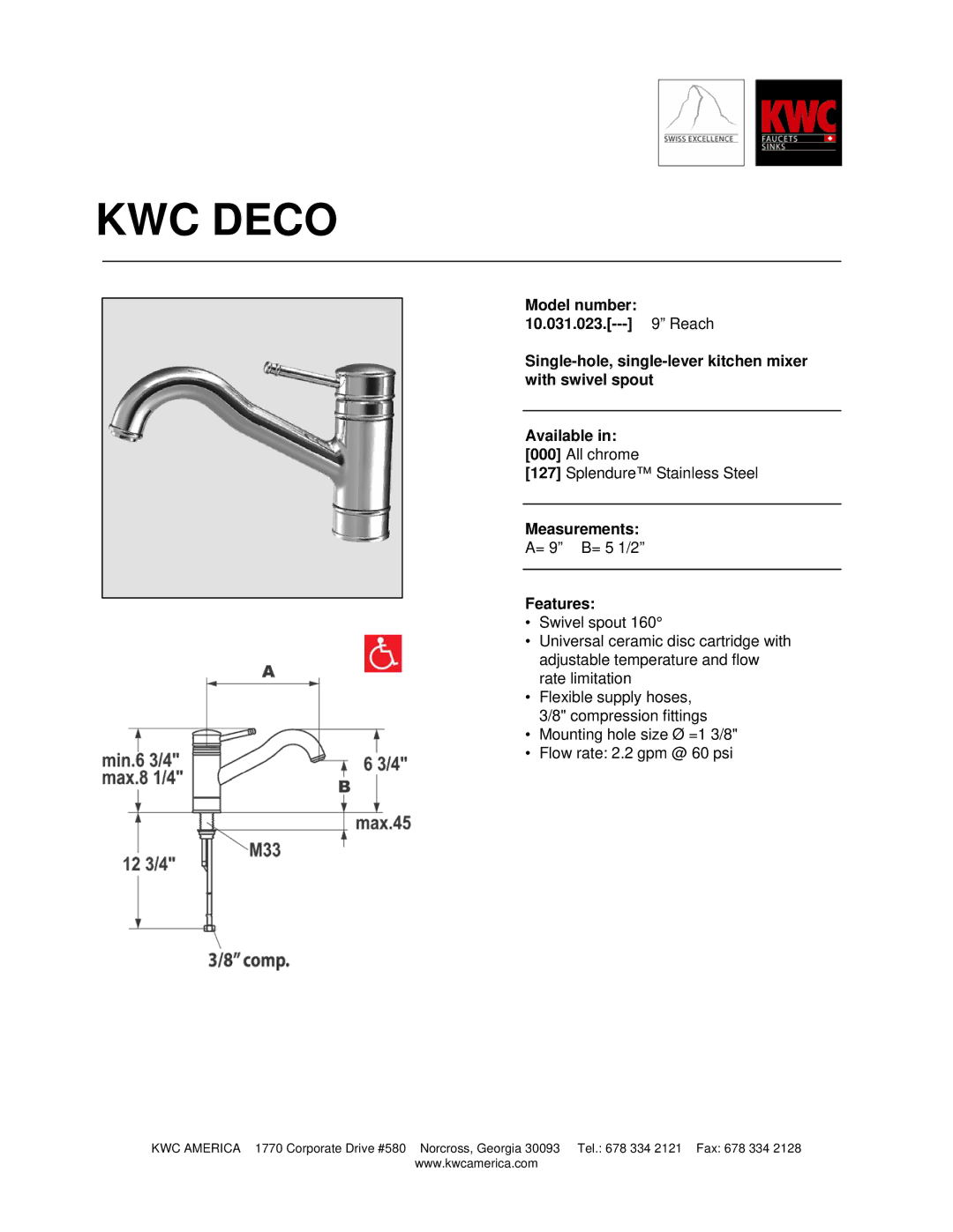 KWC 10.031.023 manual KWC Deco, Measurements, Features 