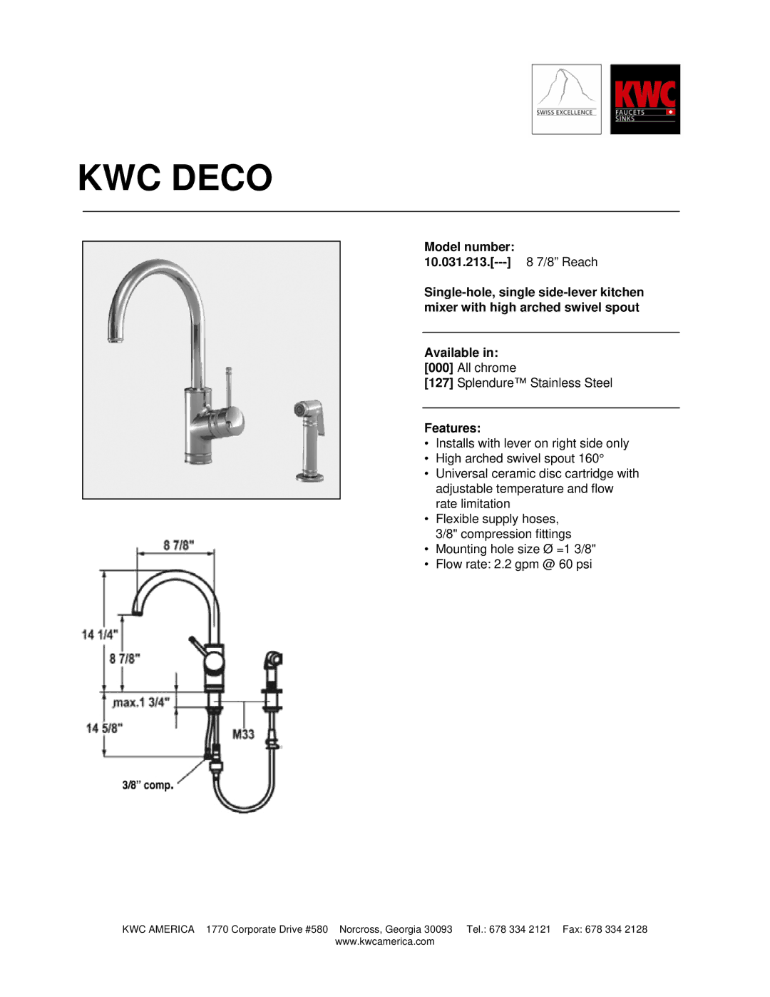 KWC 10.031.213 manual KWC Deco, Features 