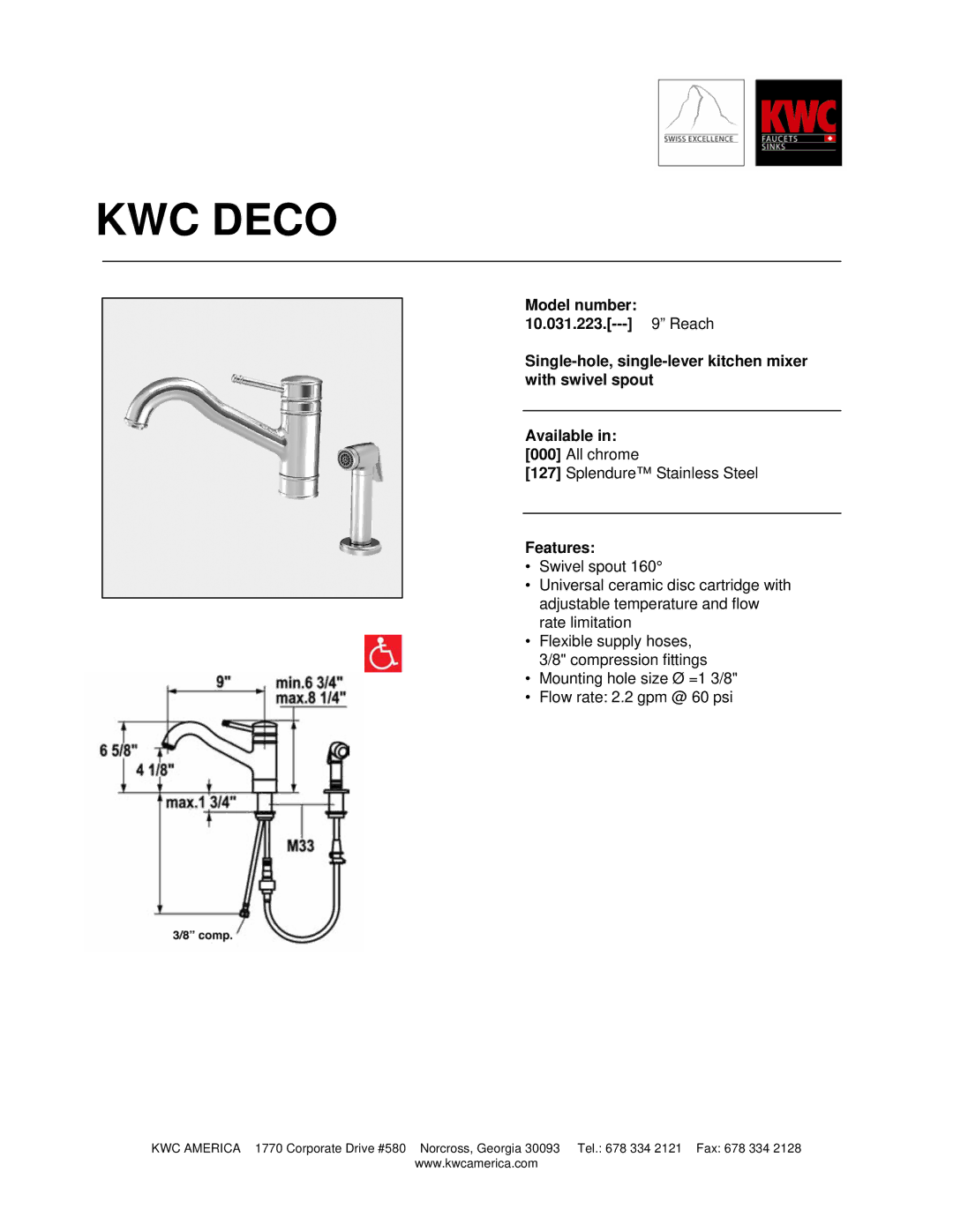 KWC 10.031.223 manual KWC Deco, Features 