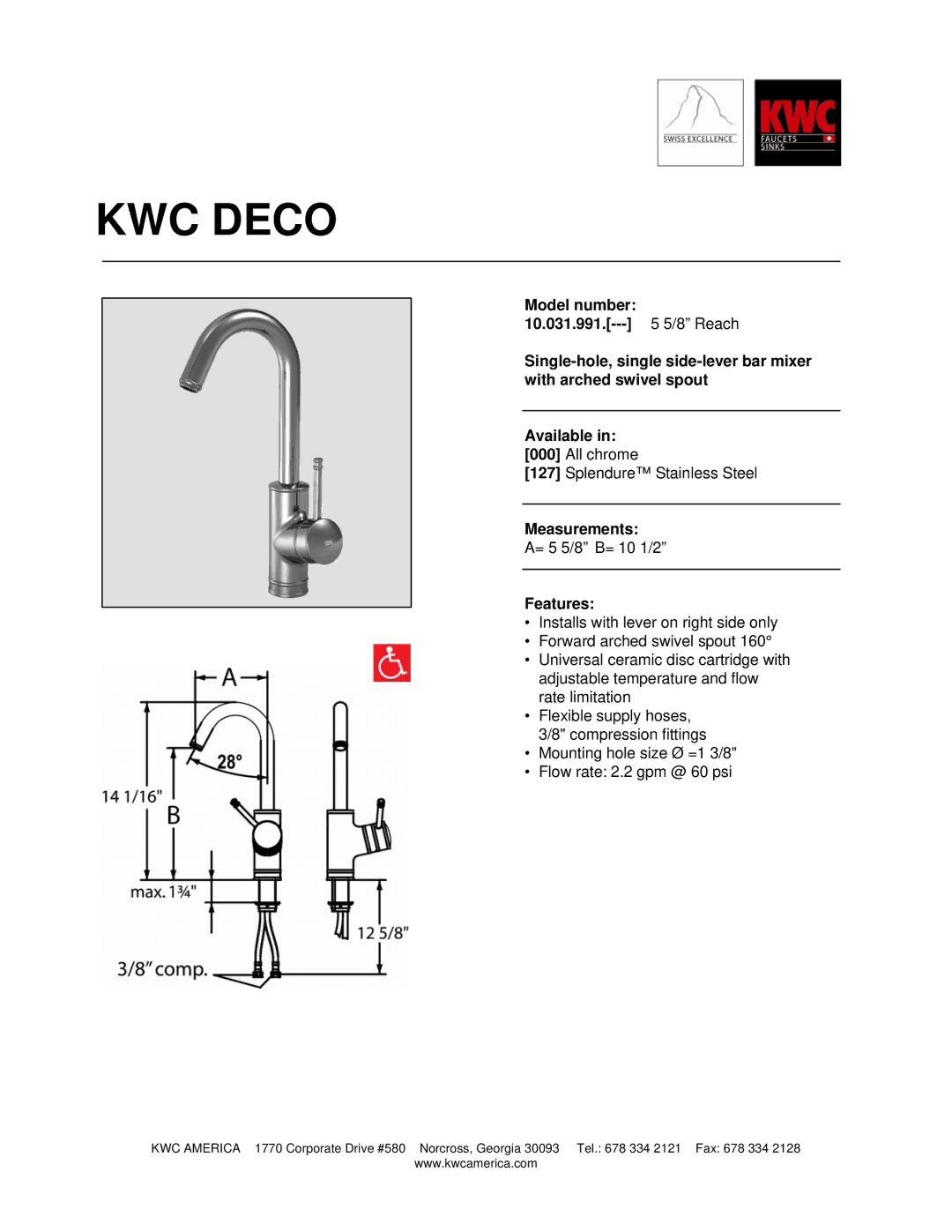 KWC 10.031.991 manual KWC Deco, Measurements, Features 