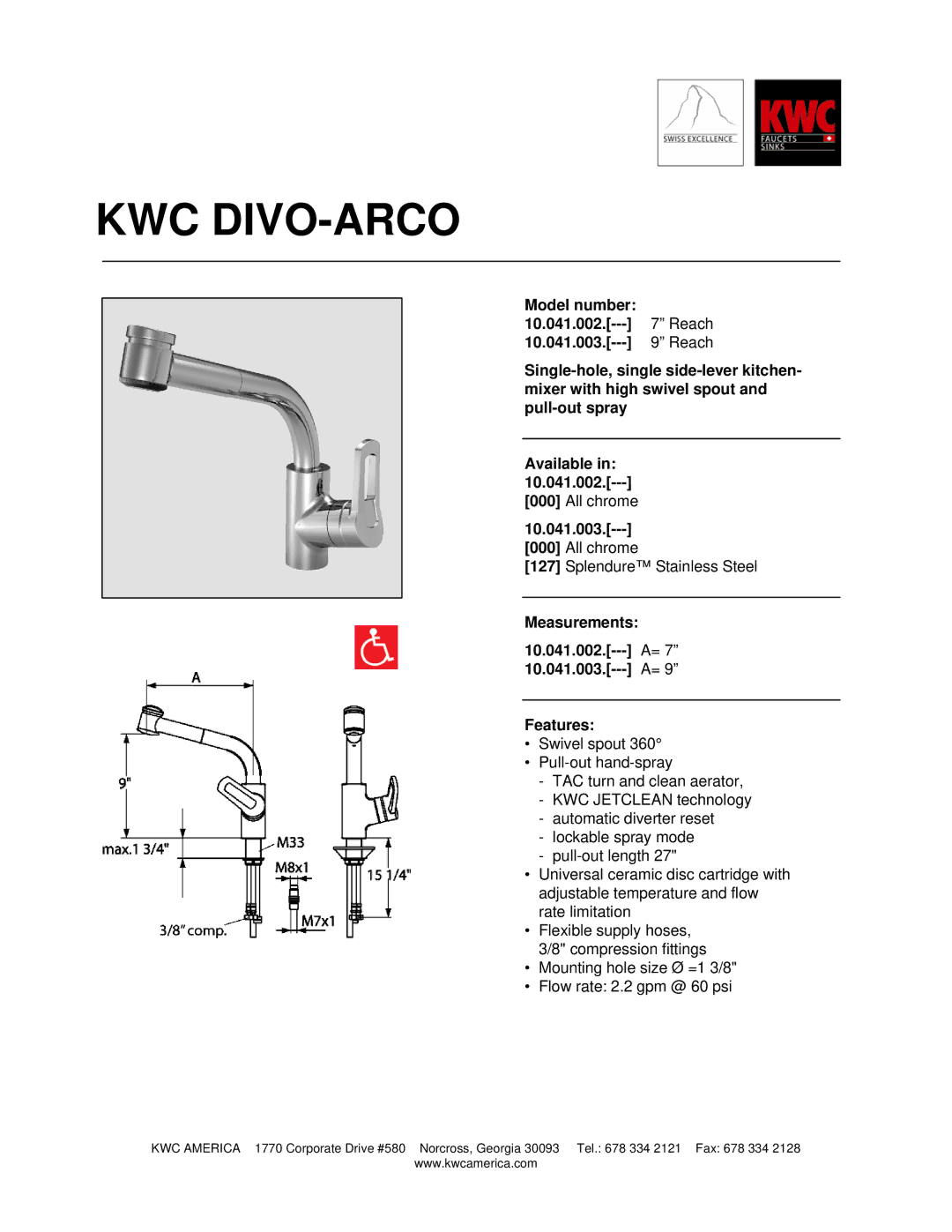 KWC 10.041.002 manual Kwc Divo-Arco, Measurements = 7 10.041.003.--- A= Features 