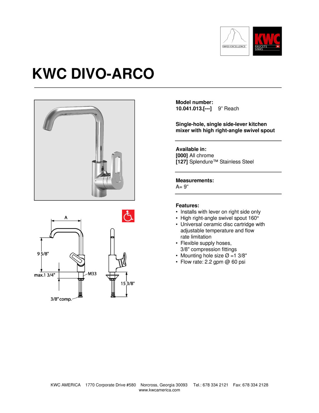 KWC 10.041.013 manual Kwc Divo-Arco, Measurements Features 