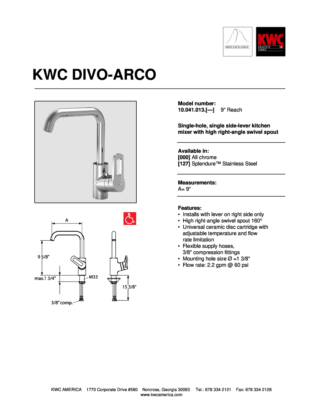 KWC manual Kwc Divo-Arco, Model number 10.041.013.--- 9” Reach, Available in, Measurements, Features 