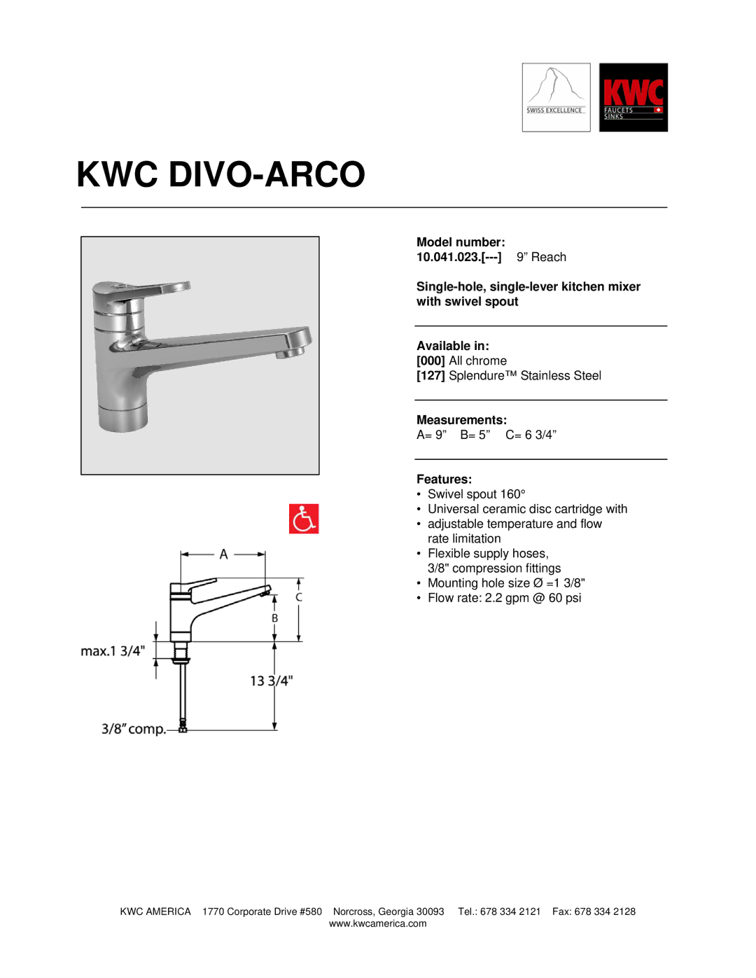 KWC 10.041.023 manual Kwc Divo-Arco, Measurements, Features 