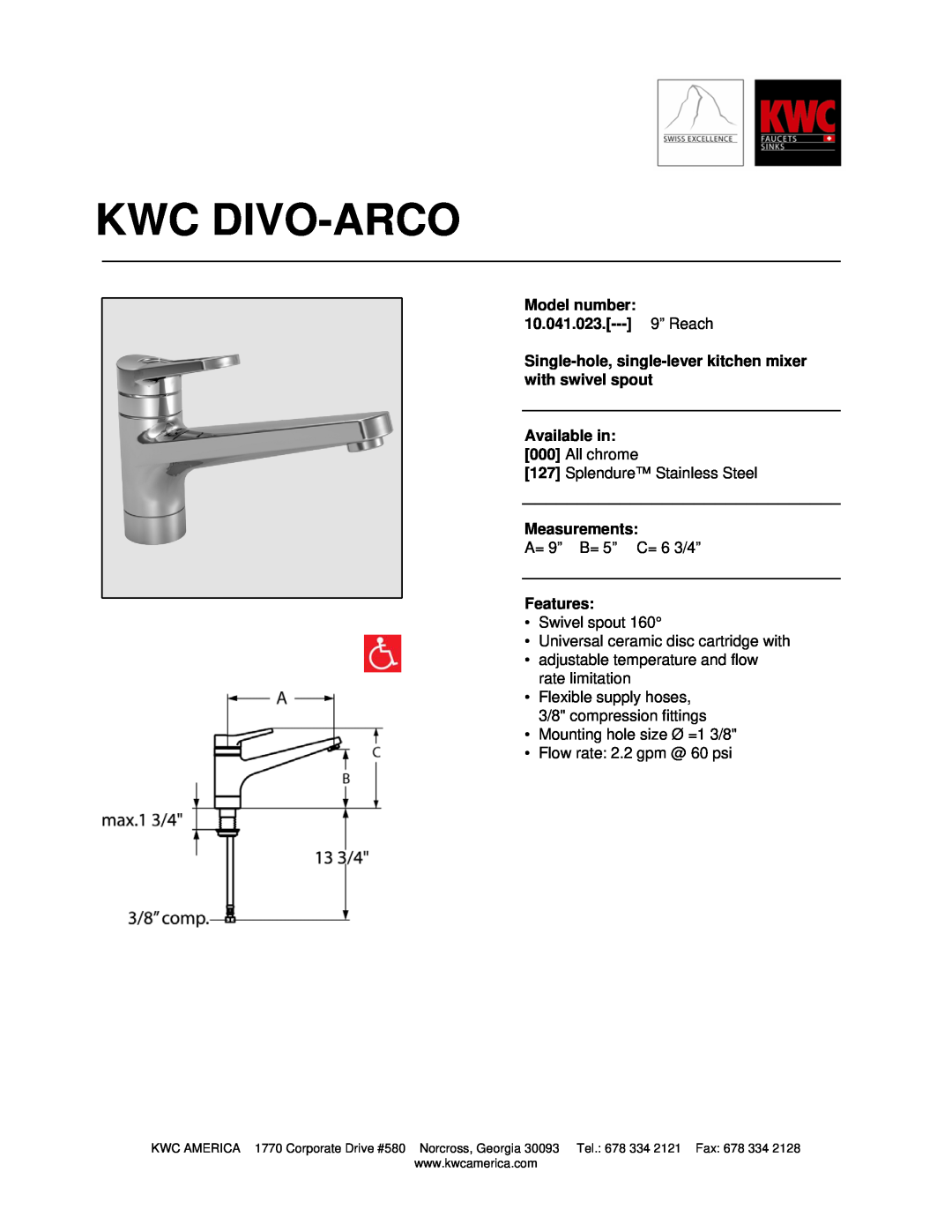 KWC manual Kwc Divo-Arco, Model number 10.041.023.--- 9” Reach, Available in, Measurements, Features 
