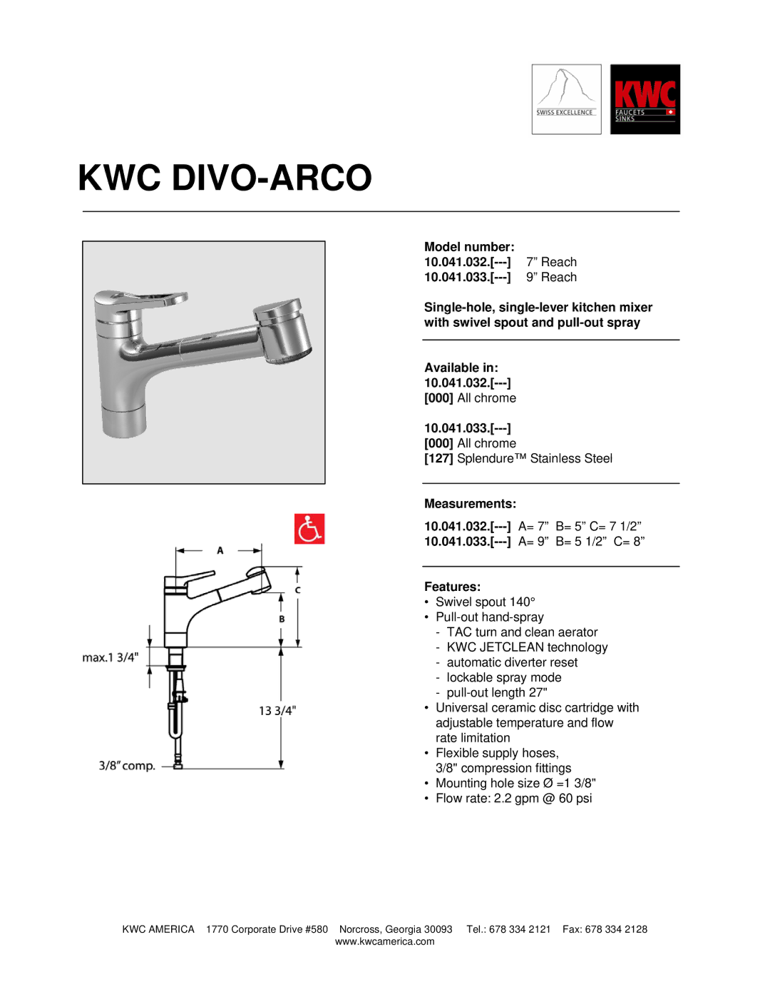 KWC 10.041.033, 10.041.032 manual Kwc Divo-Arco, Measurements, Features 