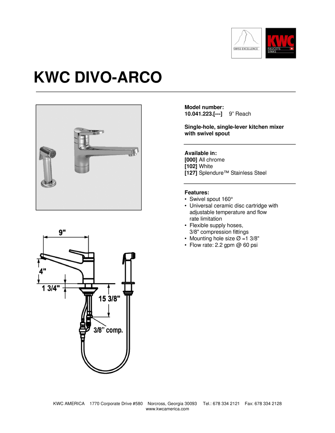 KWC 10.041.223 manual Kwc Divo-Arco, White, Features 