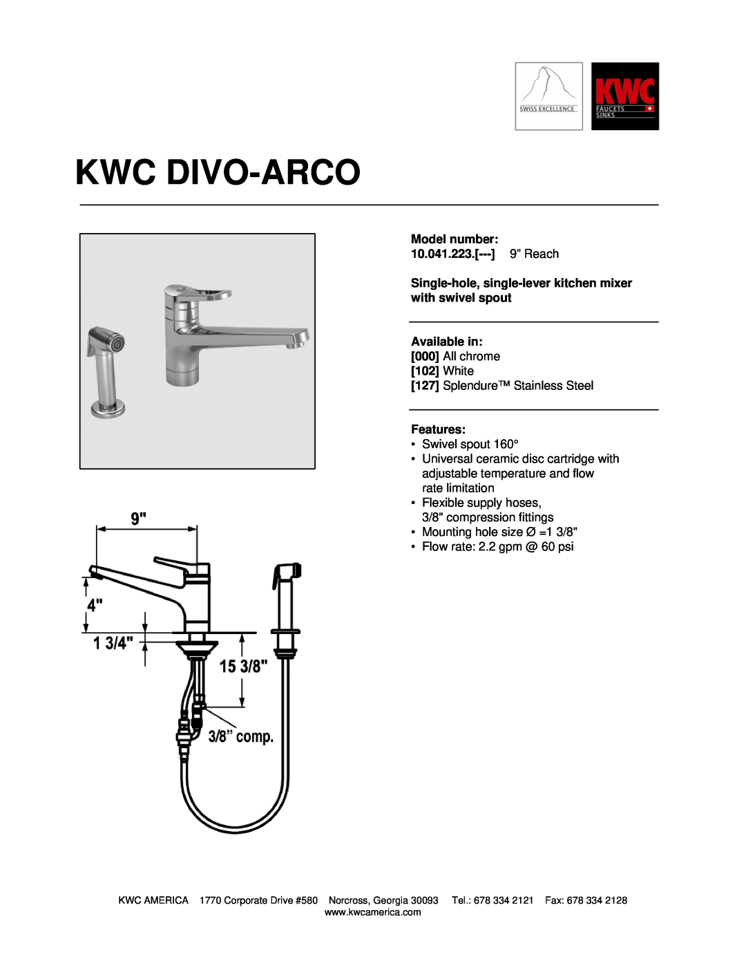 KWC manual Kwc Divo-Arco, Model number 10.041.223.--- 9” Reach, Available in, White, Features 