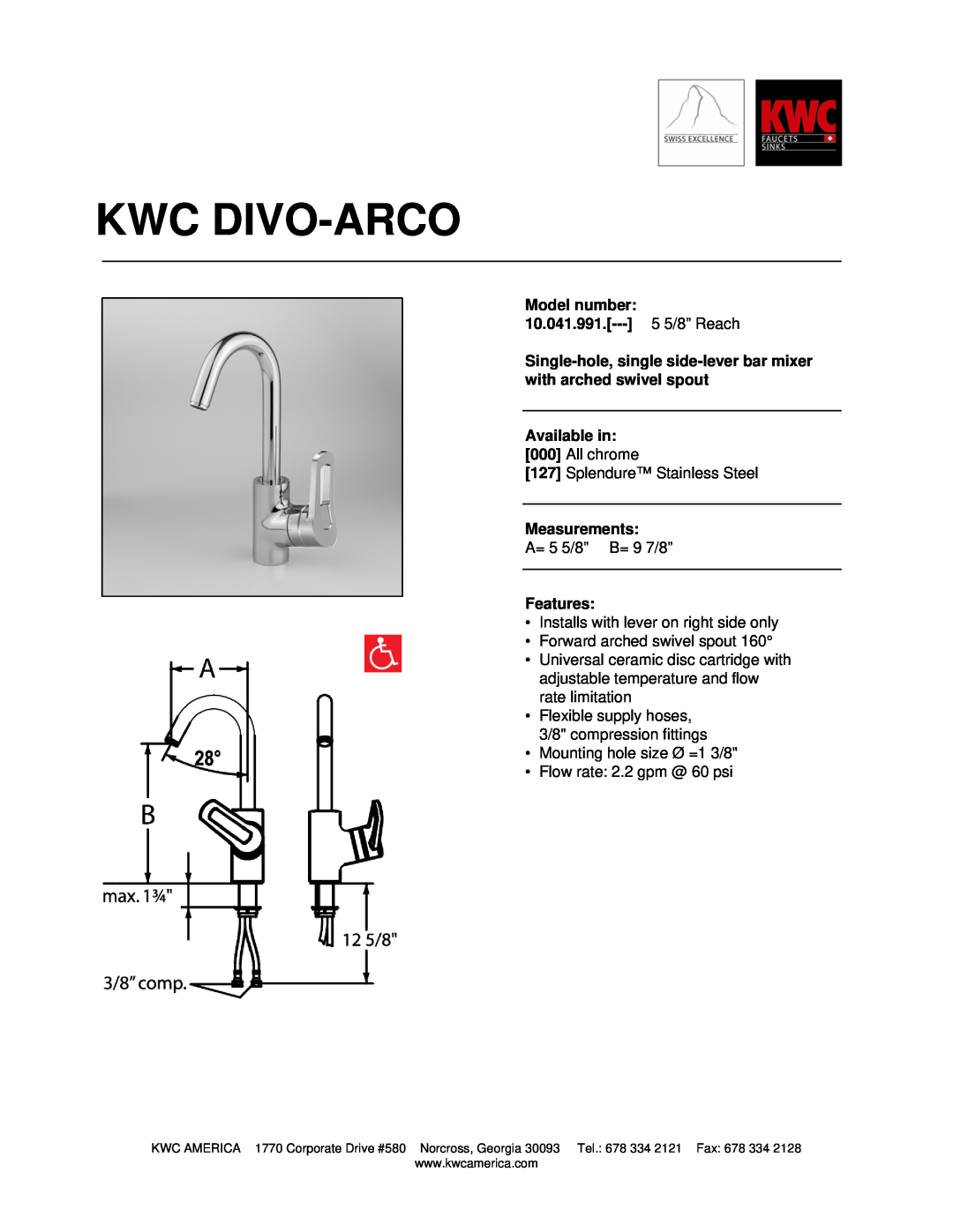 KWC manual Kwc Divo-Arco, Model number 10.041.991.--- 5 5/8” Reach, Available in, Measurements, Features 