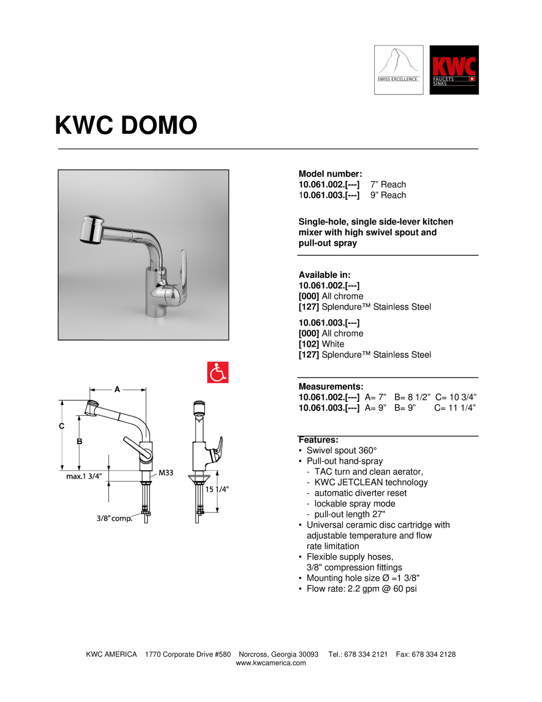 KWC 10.061.003 manual KWC Domo, White, Measurements 10.061.002, Features 