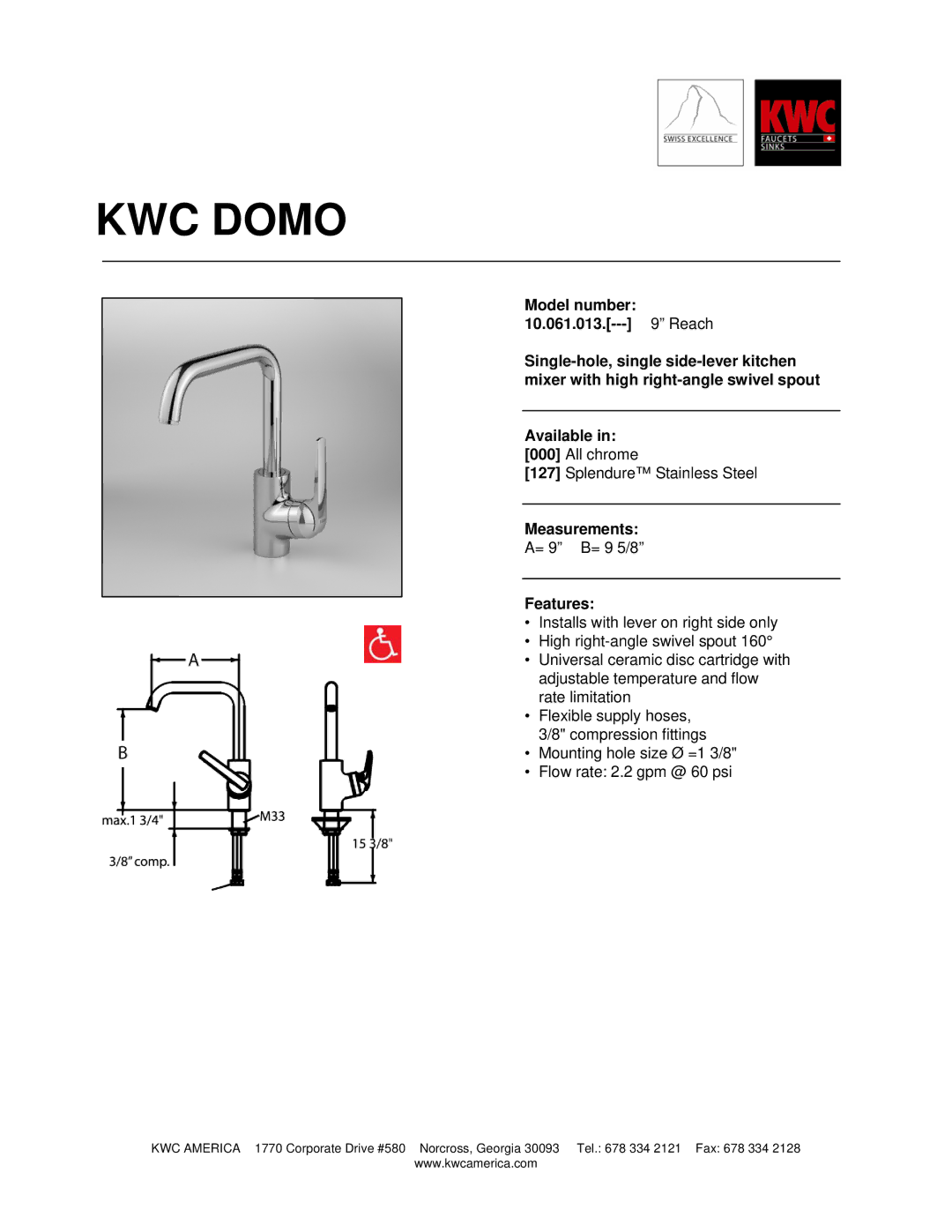 KWC 10.061.013 manual KWC Domo, Measurements, Features 