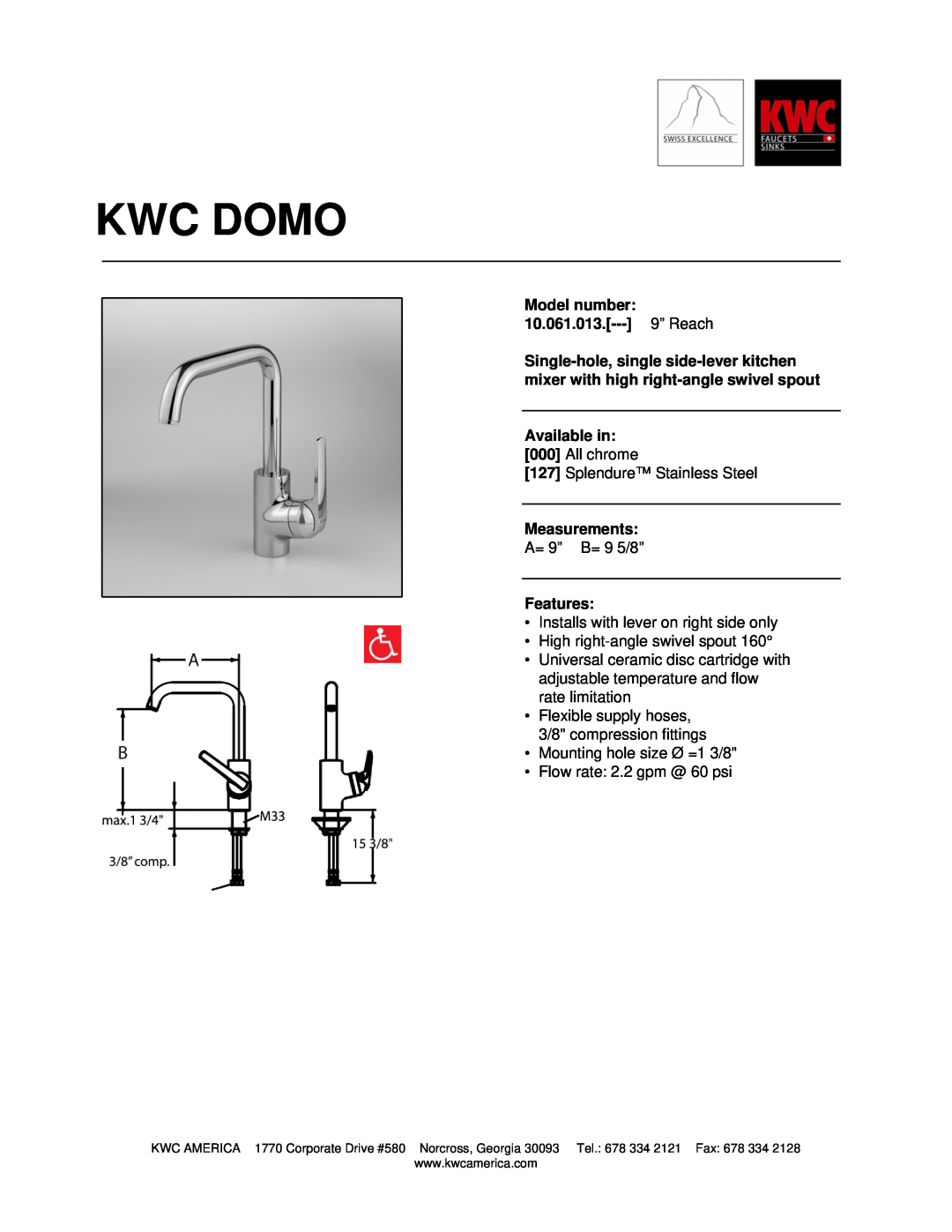 KWC manual Kwc Domo, Model number 10.061.013.--- 9” Reach, Available in, Measurements, Features 