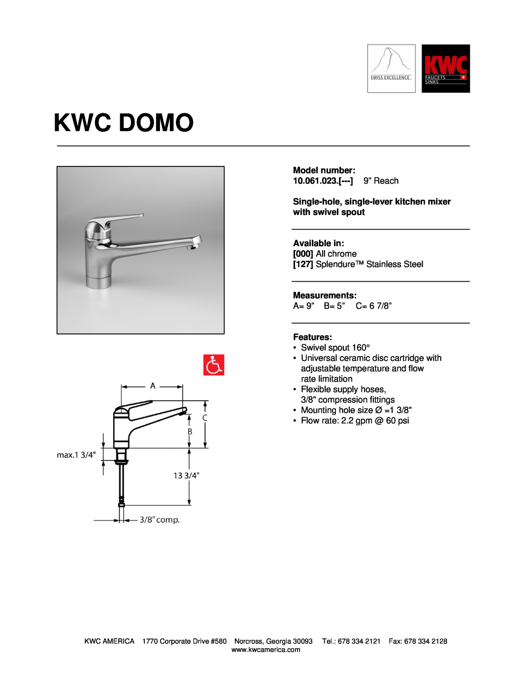 KWC manual Kwc Domo, Model number 10.061.023.--- 9” Reach, Available in, Measurements, Features 