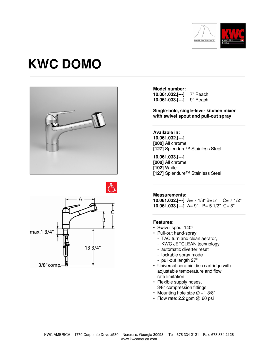 KWC 10.061.032 manual KWC Domo, White, Measurements, Features 