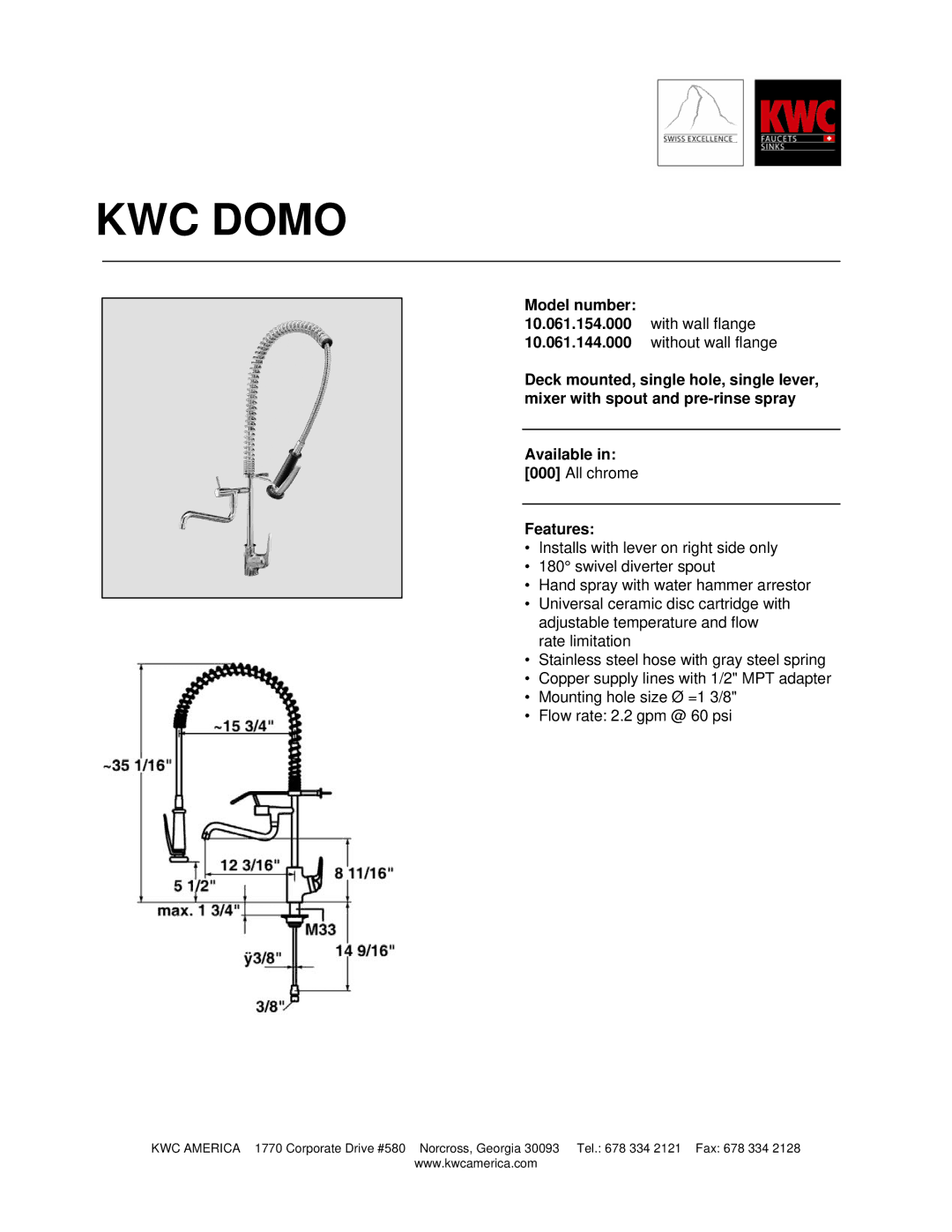 KWC 10.061.144.000, 10.061.154.000 manual KWC Domo, Model number, Features 