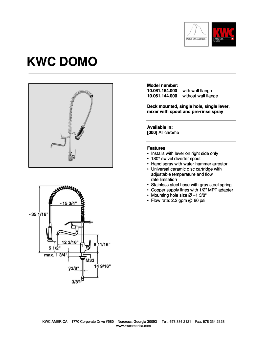 KWC 10.061.144.000, 10.061.154.000 manual Kwc Domo, Model number, Available in, Features 