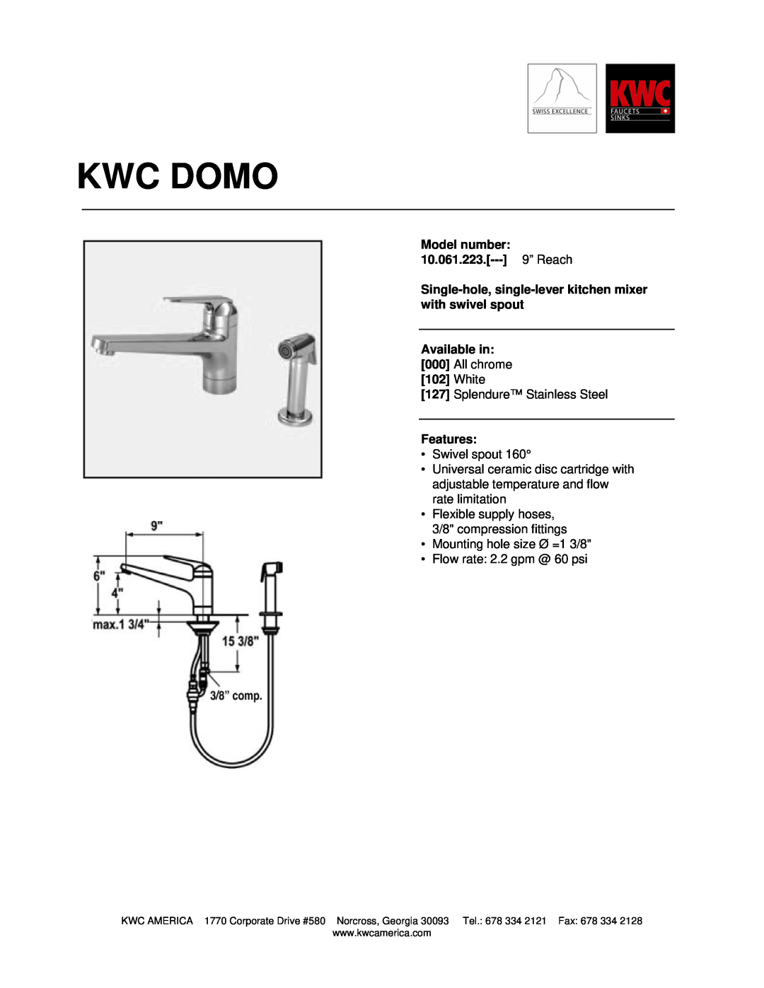 KWC manual Kwc Domo, Model number 10.061.223.--- 9” Reach, Available in, White, Features 
