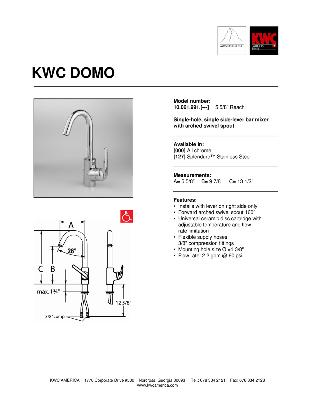 KWC 10.061.991 manual KWC Domo, Measurements, Features 