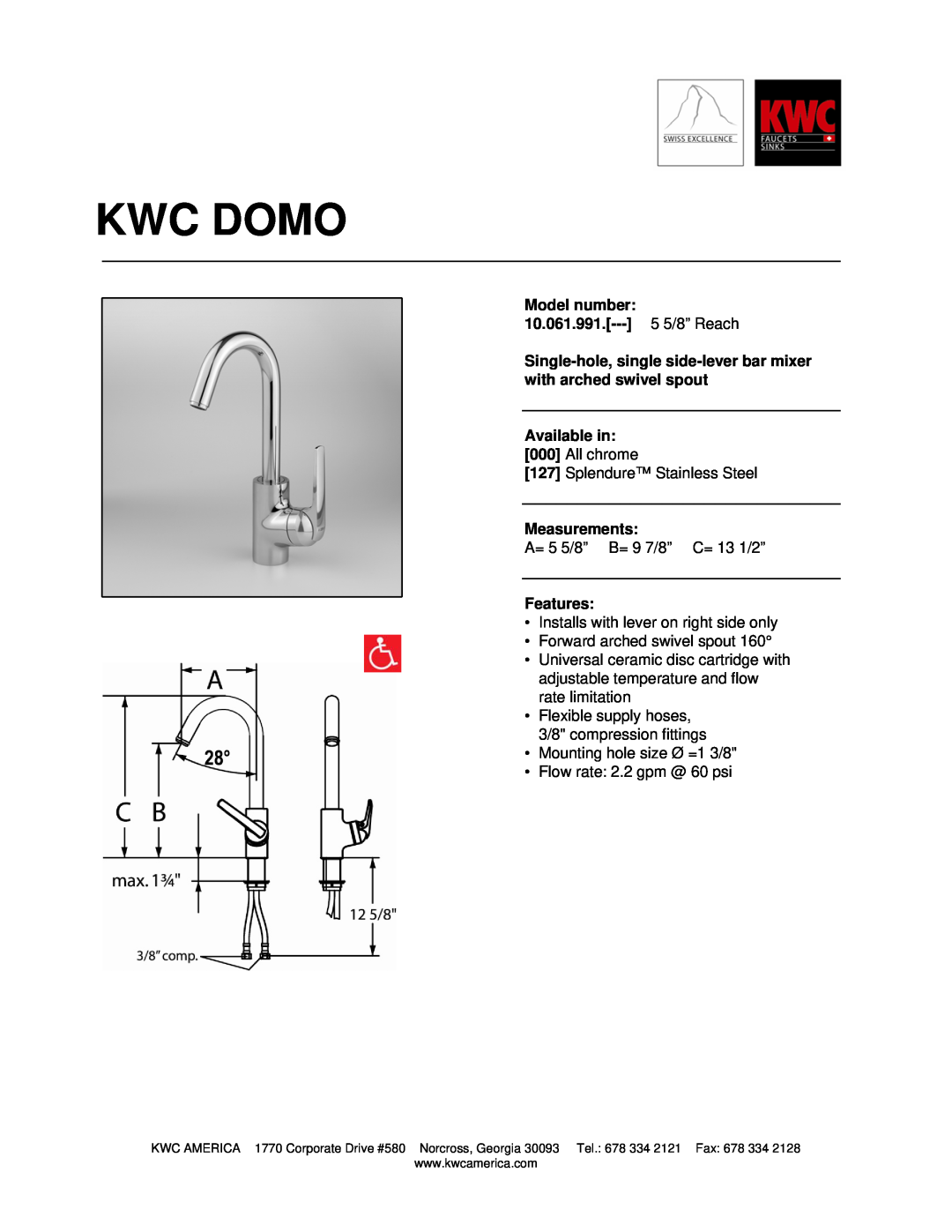 KWC manual Kwc Domo, Model number 10.061.991.--- 5 5/8” Reach, Available in, Measurements, Features 