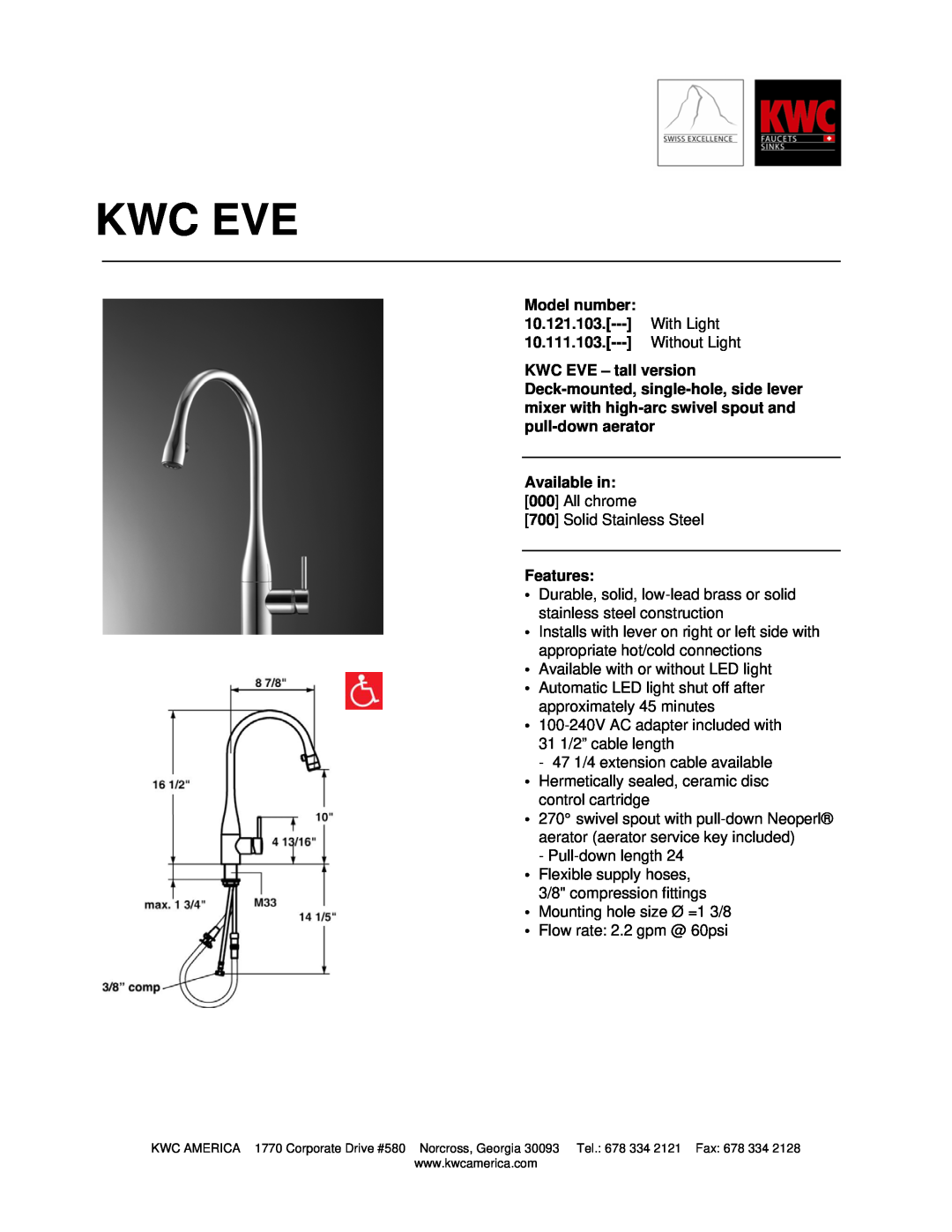 KWC 10.111.103 manual Kwc Eve, Model number, 10.121.103, With Light, Without Light, Available in, Features 