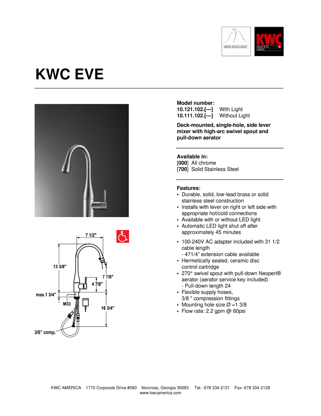 KWC 10.111.102, 10.121.102 manual Kwc Eve, Features 