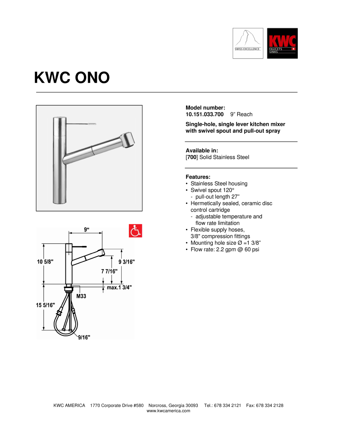 KWC 10.151.033.700 manual Kwc Ono, Features 