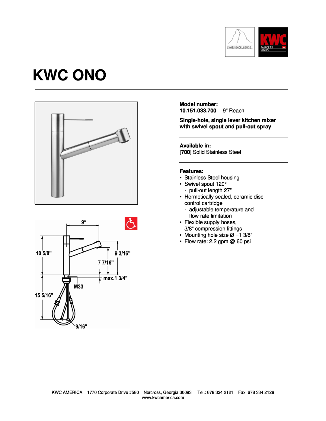 KWC manual Kwc Ono, Model number 10.151.033.700 9” Reach, Available in, Features 