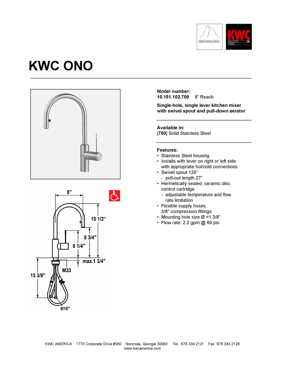 KWC 10.151.102.700 manual Kwc Ono, Features 