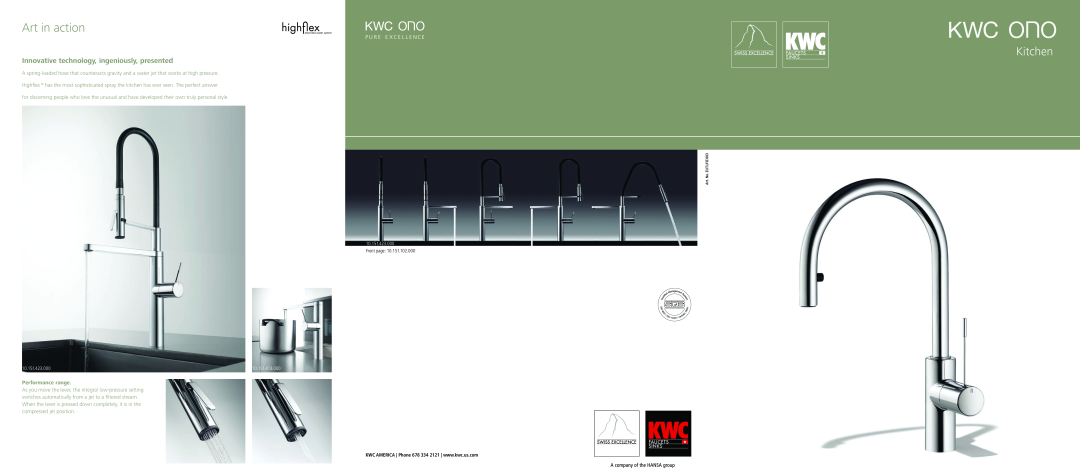 KWC 10.151.102.000 manual Art in action, Innovative technology, ingeniously, presented, Performance range, Kitchen 
