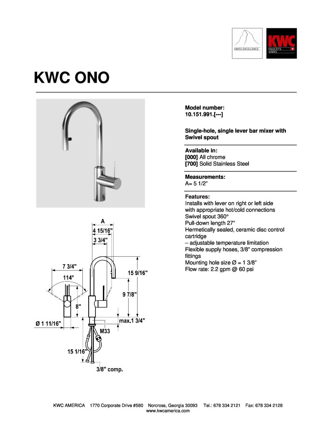 KWC 10.151.991 manual Kwc Ono, Model number, Single-hole,single lever bar mixer with, Swivel spout Available in, Features 