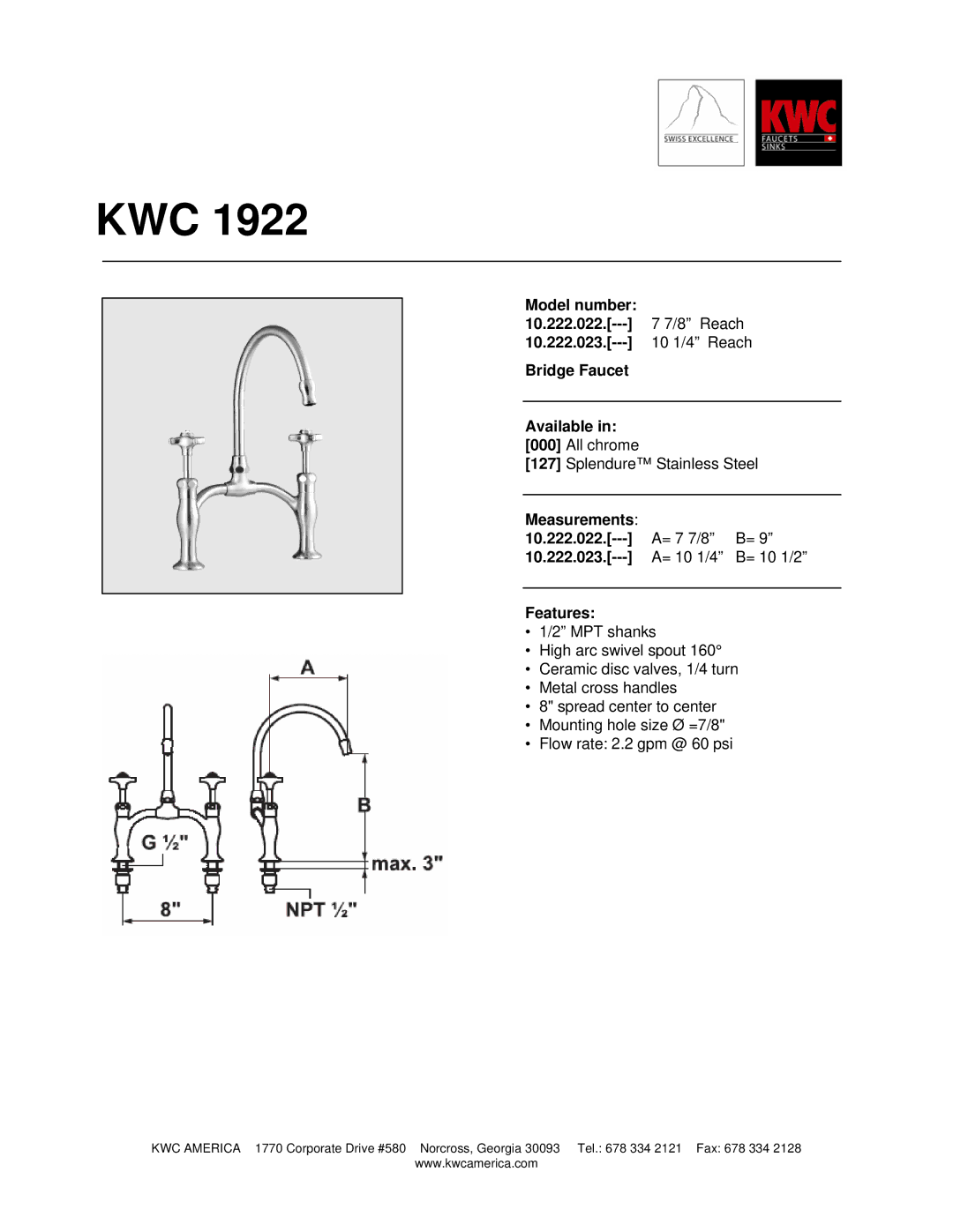 KWC 10.222.023 manual Kwc, Measurements 10.222.022, Features 