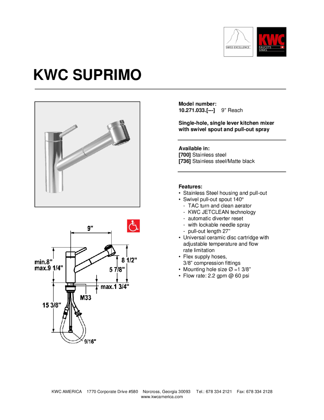 KWC 10.271.033 manual KWC Suprimo, Features 