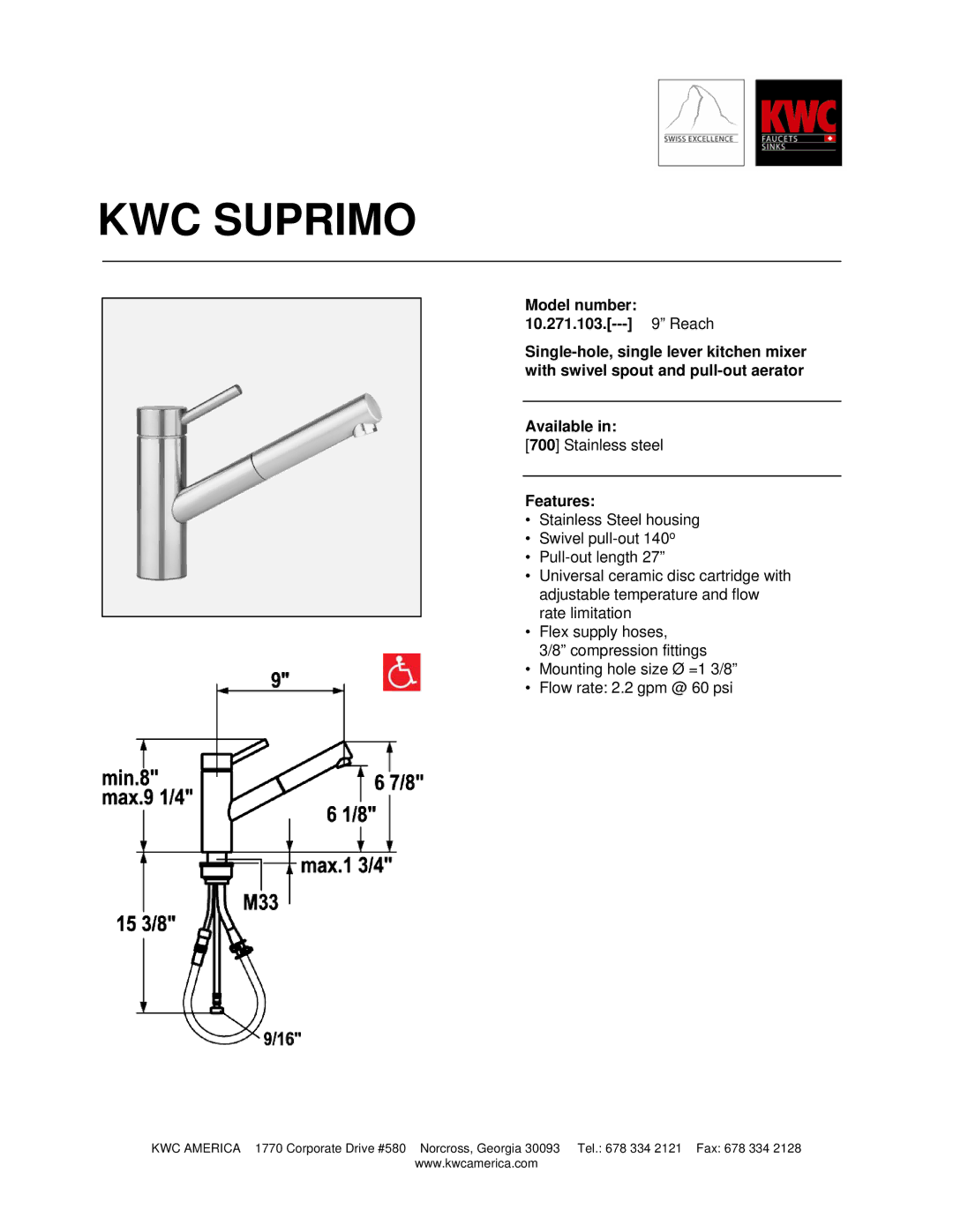 KWC 10.271.103 manual KWC Suprimo, Features 