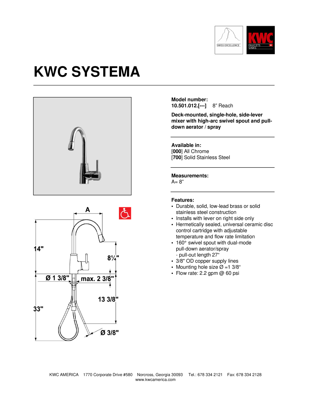 KWC 10.501.012 manual KWC Systema, Measurements Features 