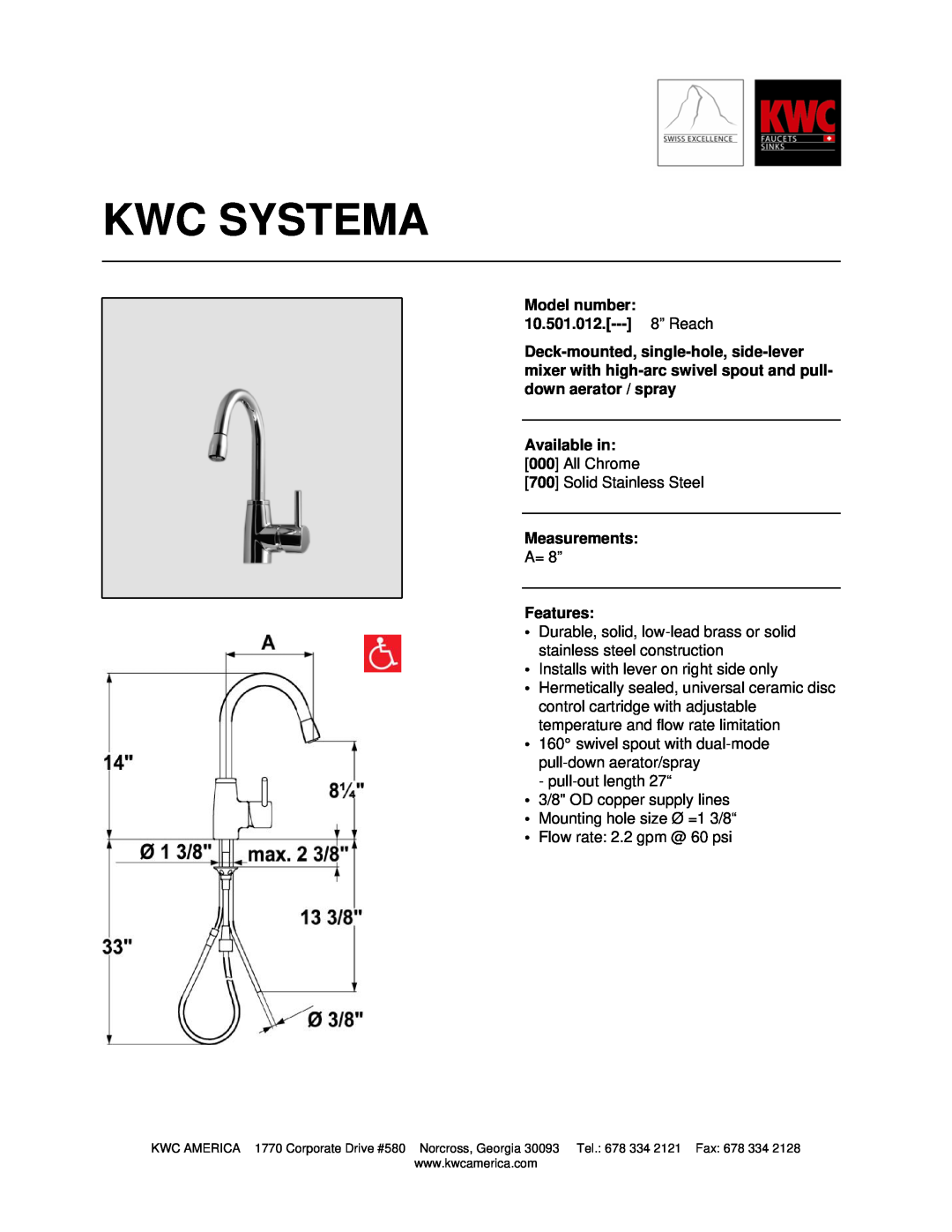 KWC manual Kwc Systema, Model number 10.501.012.--- 8” Reach, Available in, Measurements, Features 